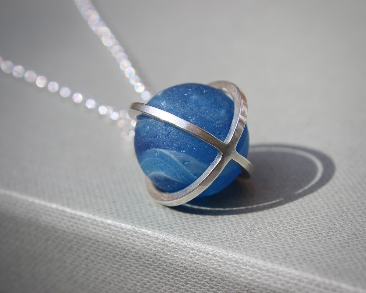 Sterling Silver 'Caged' Sea Glass Marble Pendant Necklace, Deep Aqua Blue