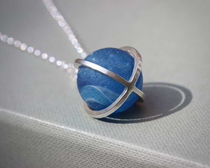 Sterling Silver 'Caged' Sea Glass Marble Pendant Necklace, Deep Aqua Blue