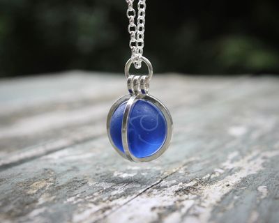 Sterling Silver 'Caged' Sea Glass Marble Pendant Necklace, Cobalt Blue