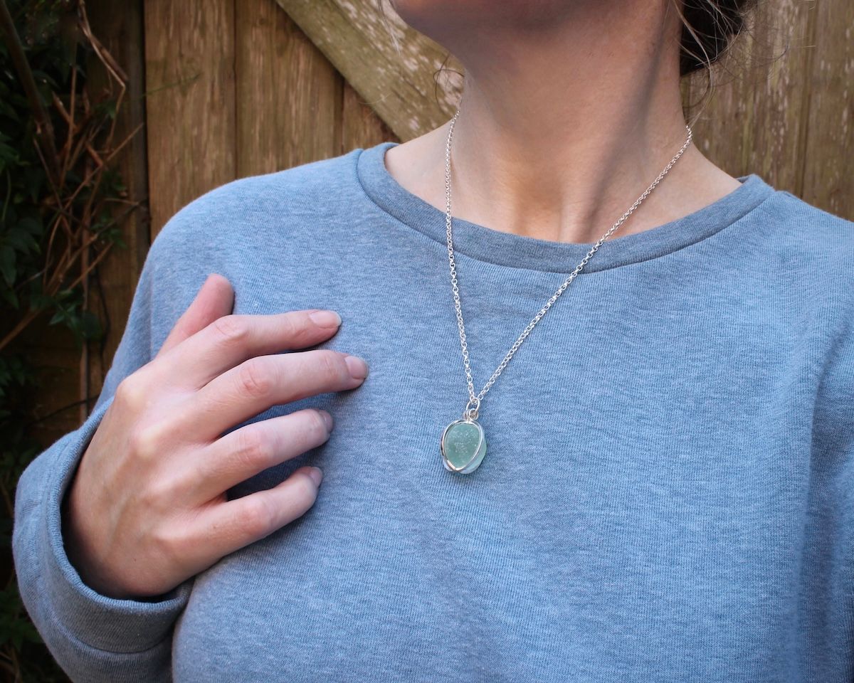 Sterling Silver 'Caged' Sea Glass Codd Marble Pendant Necklace, Seafoam Green
