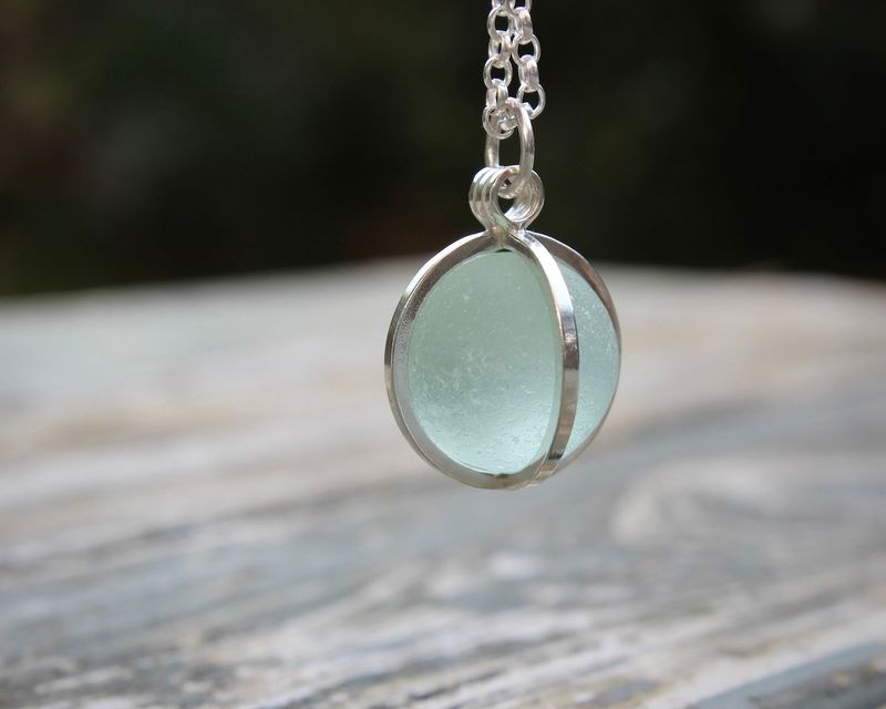 Sterling Silver 'Caged' Sea Glass Codd Marble Pendant Necklace, Seafoam Green