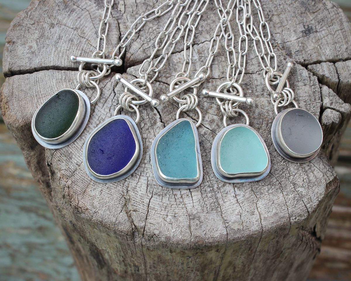 Sea Glass T-Bar Pendant Necklace, Hallmarked