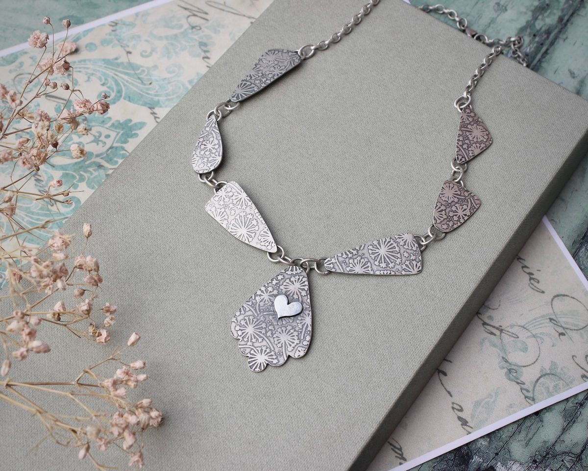 Sterling Silver Dandelion Patterned Necklace, Hallmarked