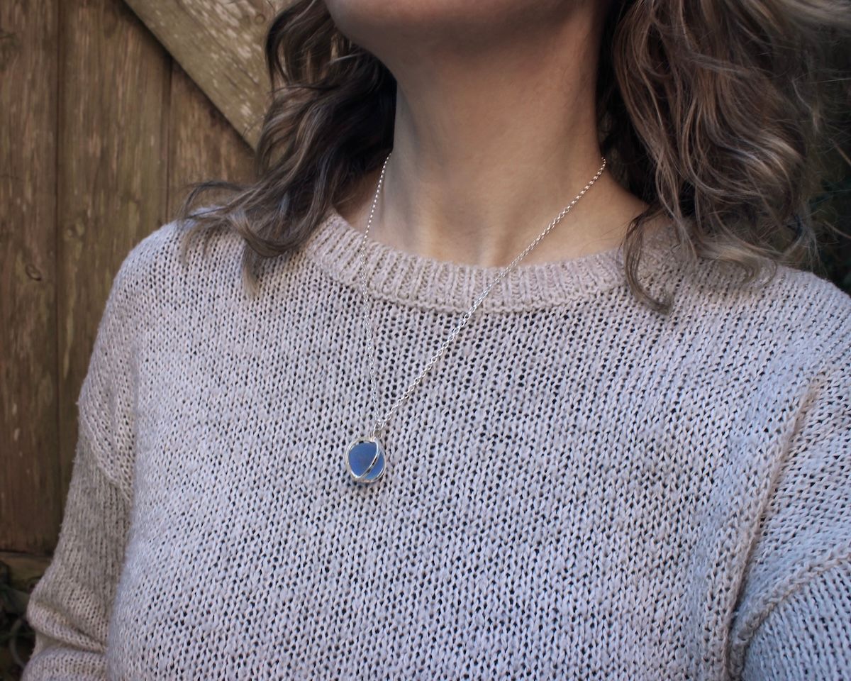 Sterling Silver 'Caged' Sea Glass Marble Pendant Necklace, Blue