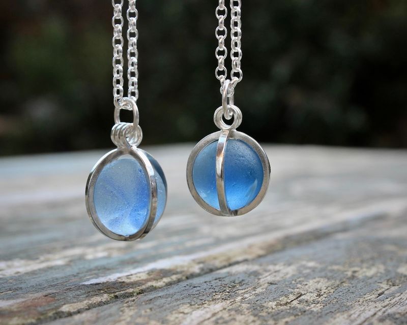Sterling Silver 'Caged' Sea Glass Marble Pendant Necklace, Blue