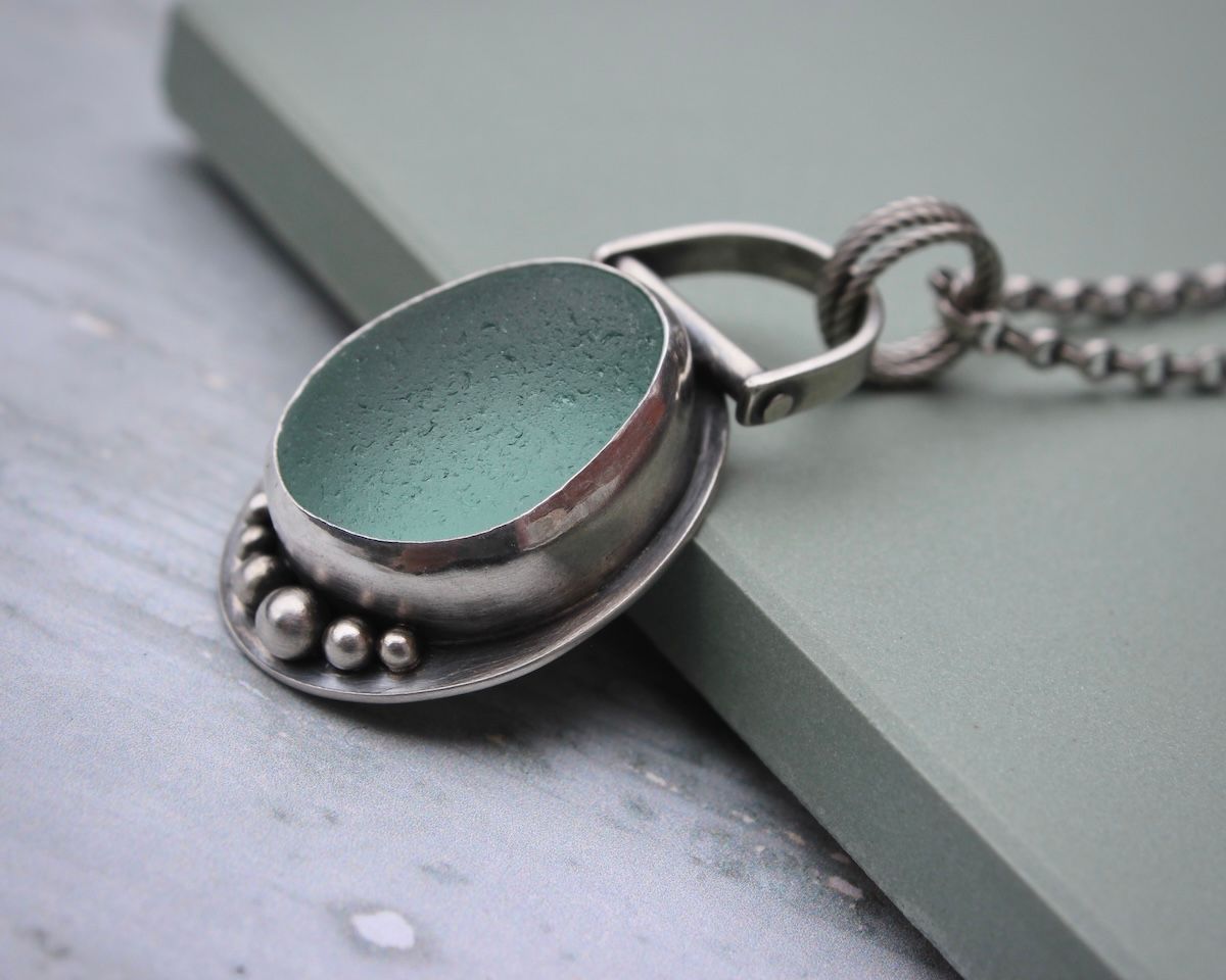 Aqua Sea Glass & Sterling Silver Riveted Pendant