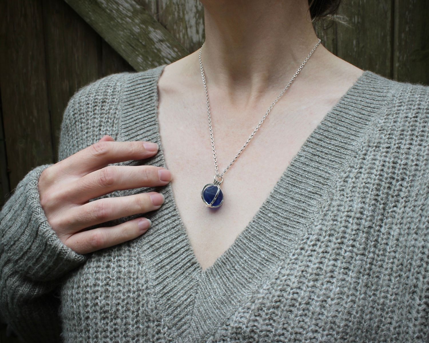 'Pick Your Own' Sterling Silver Caged Sea Glass Marble Pendant Necklace