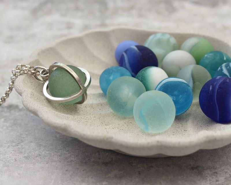 'Pick Your Own' Sterling Silver Caged Sea Glass Marble Pendant Necklace
