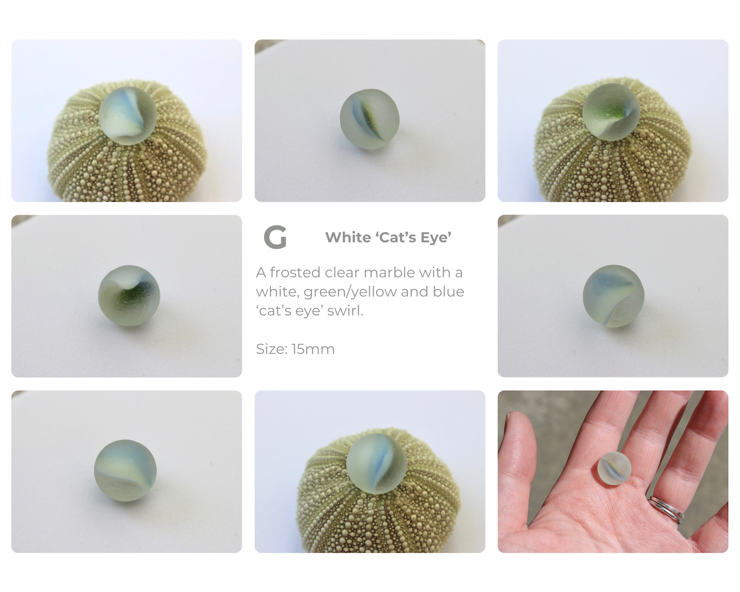 'Pick Your Own' Sterling Silver Caged Sea Glass Marble Pendant Necklace, Marble Choice: G: White 'Cat's Eye'