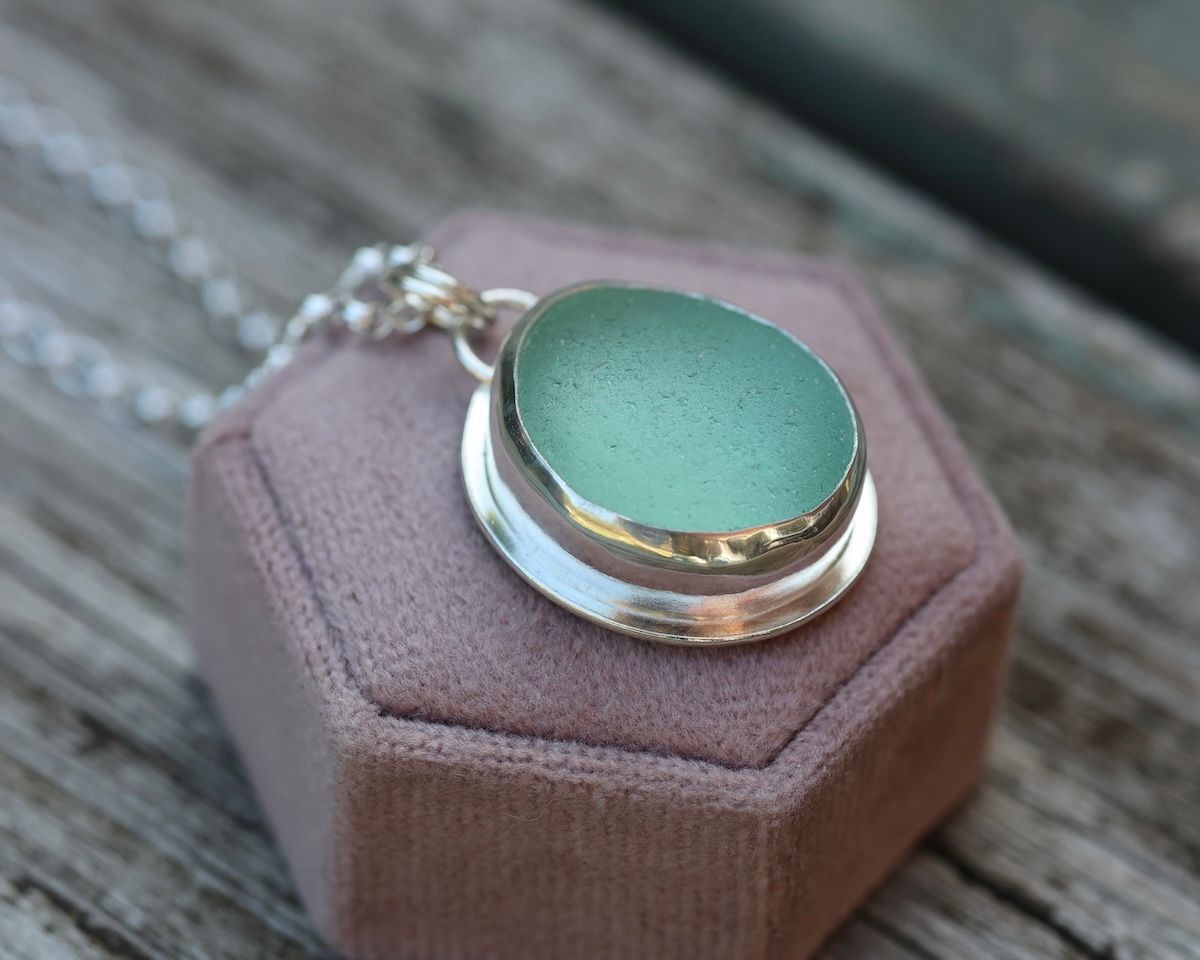 Large Deep Aqua Sea Glass & Sterling Silver Pendant