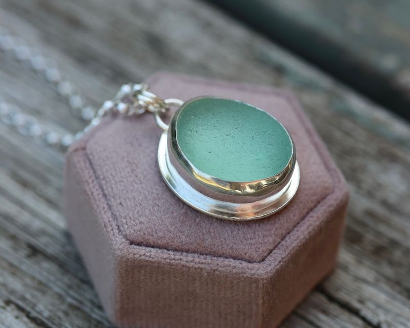 Large Deep Aqua Sea Glass & Sterling Silver Pendant