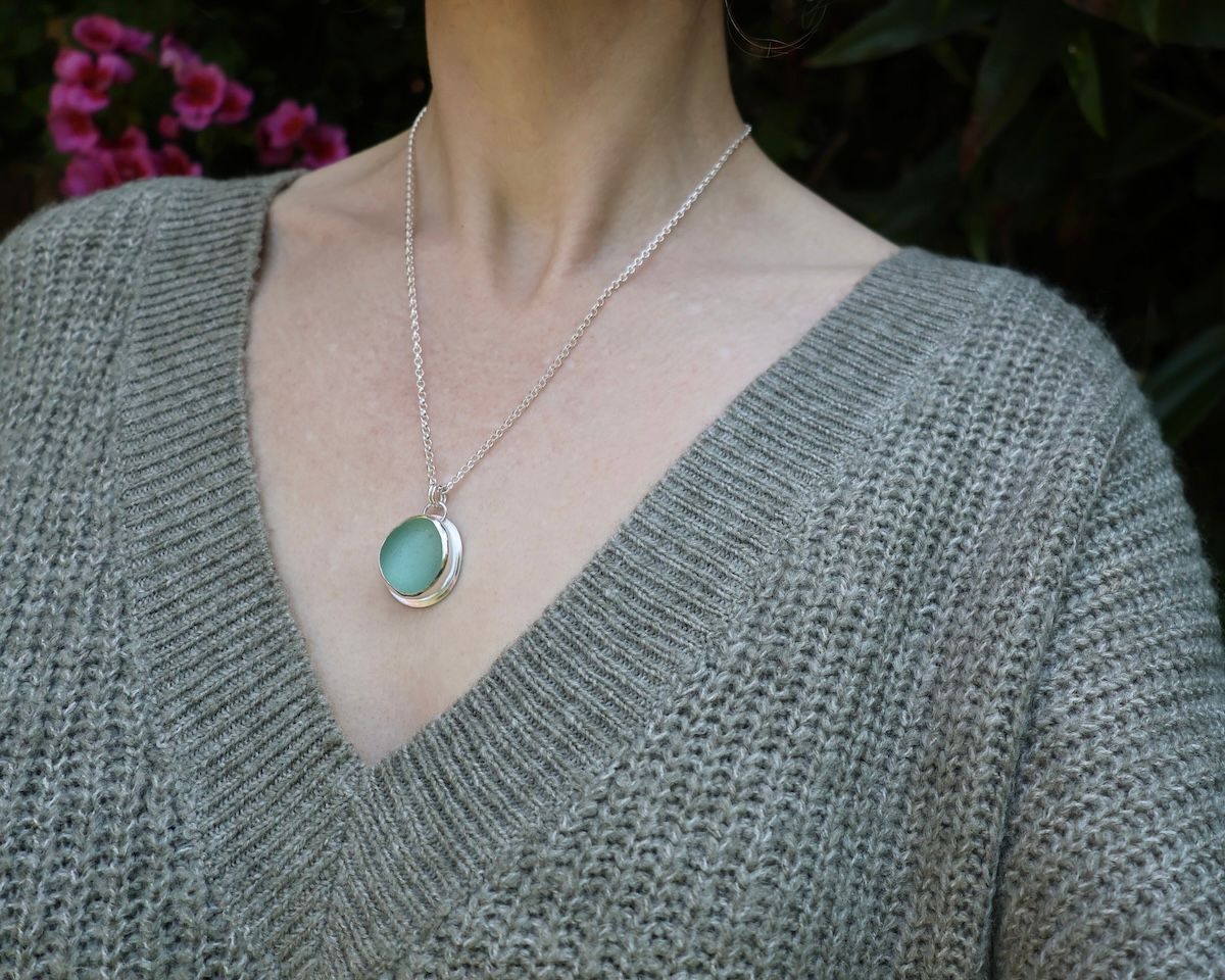 Large Deep Aqua Sea Glass & Sterling Silver Pendant