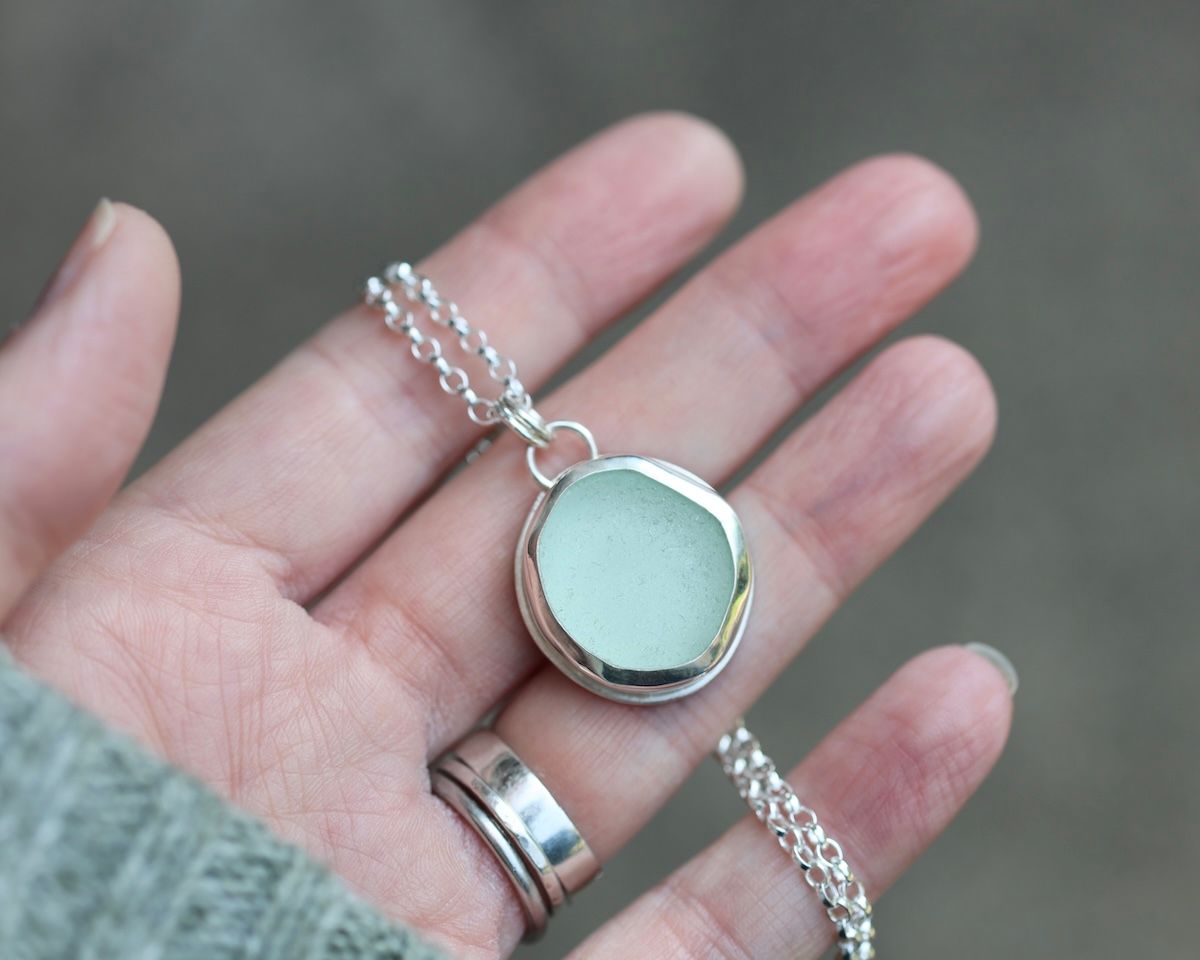 Large Pale Seafoam Sea Glass & Sterling Silver Pendant