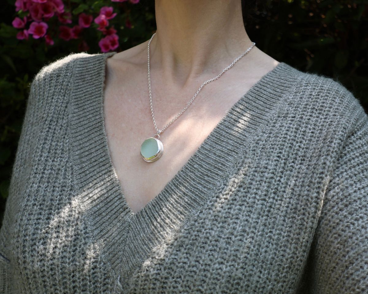 Large Pale Seafoam Sea Glass & Sterling Silver Pendant