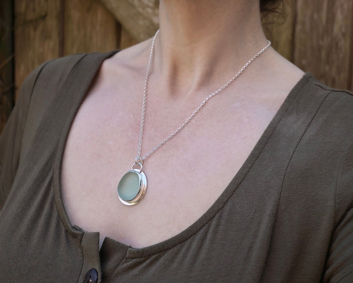 Extra-Large Pale Seafoam Sea Glass & Sterling Silver Pendant