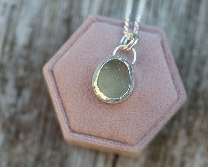 Golden Grey Sea Glass & Sterling Silver Pebble Pendant
