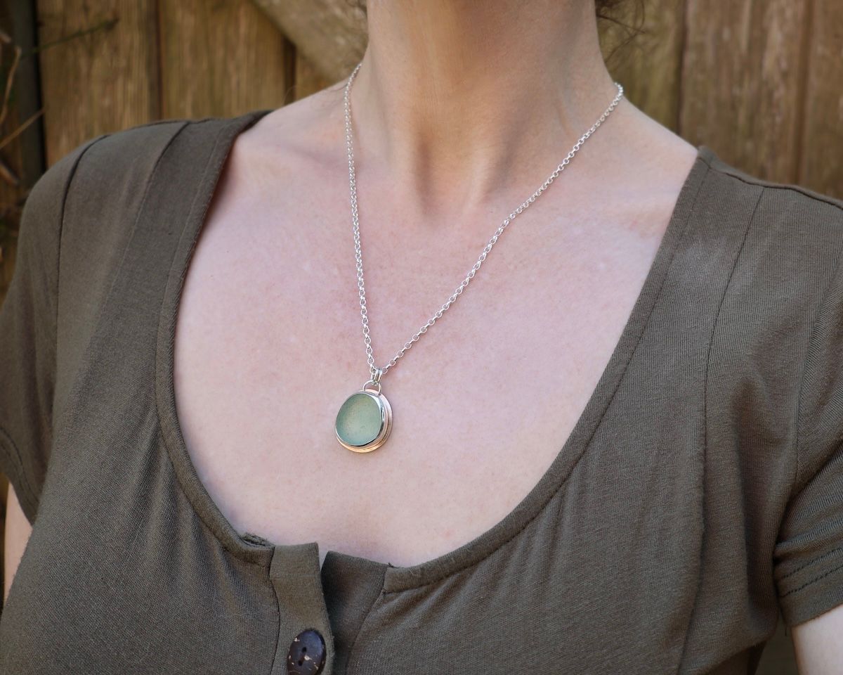 Medium Size Deep Seafoam Sea Glass & Sterling Silver Pendant
