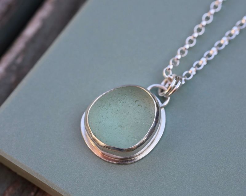 Medium Size Deep Seafoam Sea Glass & Sterling Silver Pendant