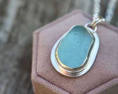 Rare Blue Sea Glass & Sterling Silver Pendant
