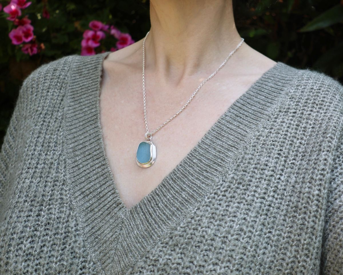 Rare Blue Sea Glass & Sterling Silver Pendant