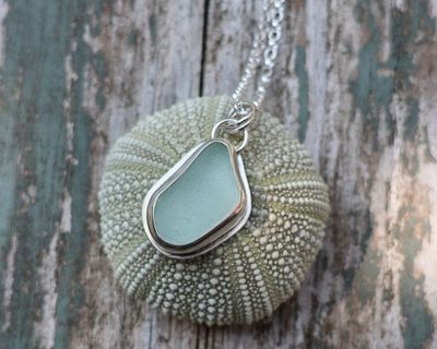Medium Size Pale Seafoam Sea Glass & Sterling Silver Pendant