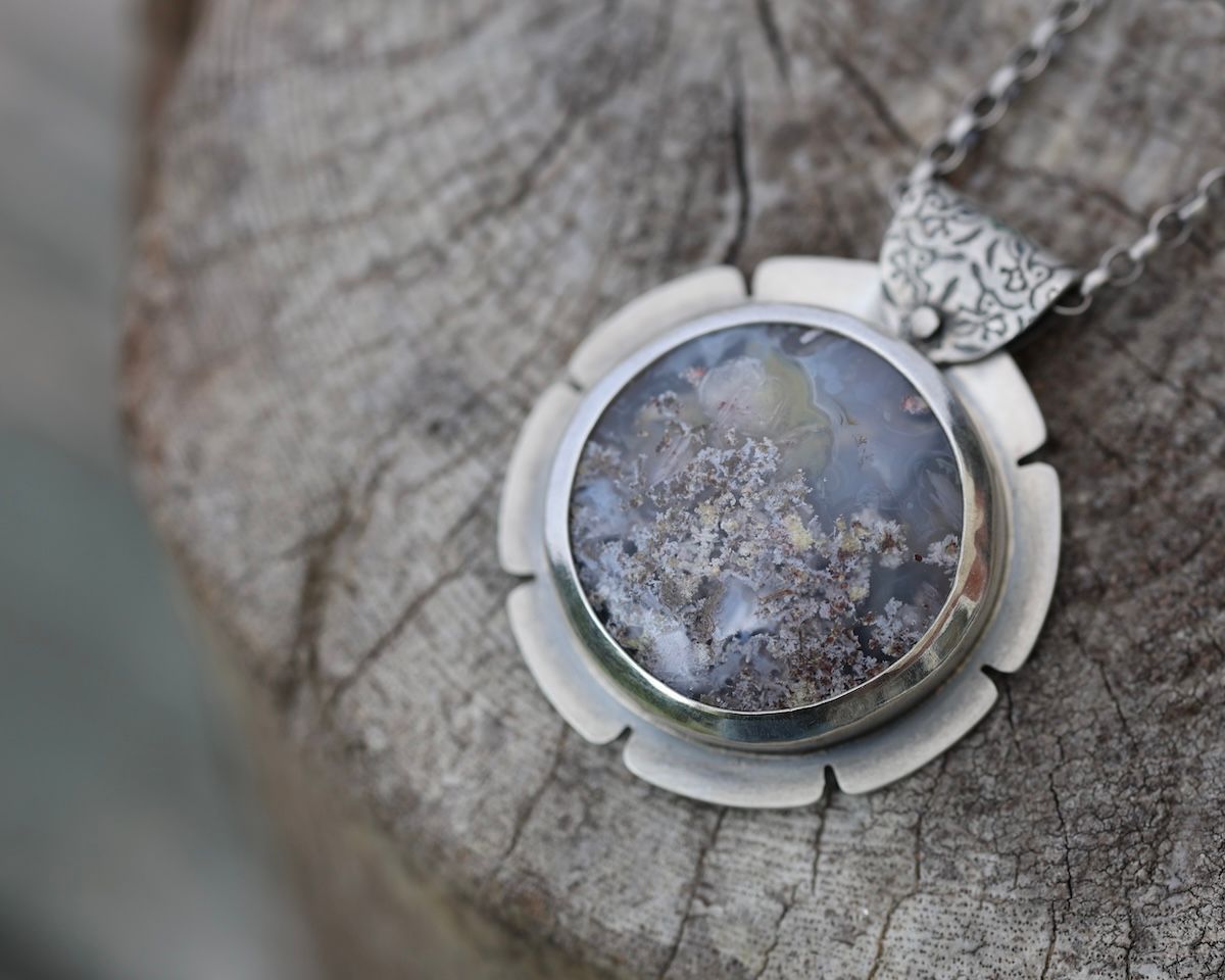 Large Moss Agate & Sterling Silver Circular Pendant