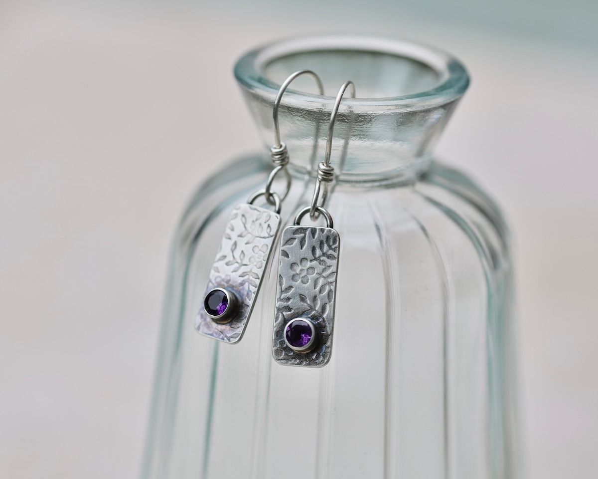 African Amethyst & Sterling Silver Patterned Drop Earrings