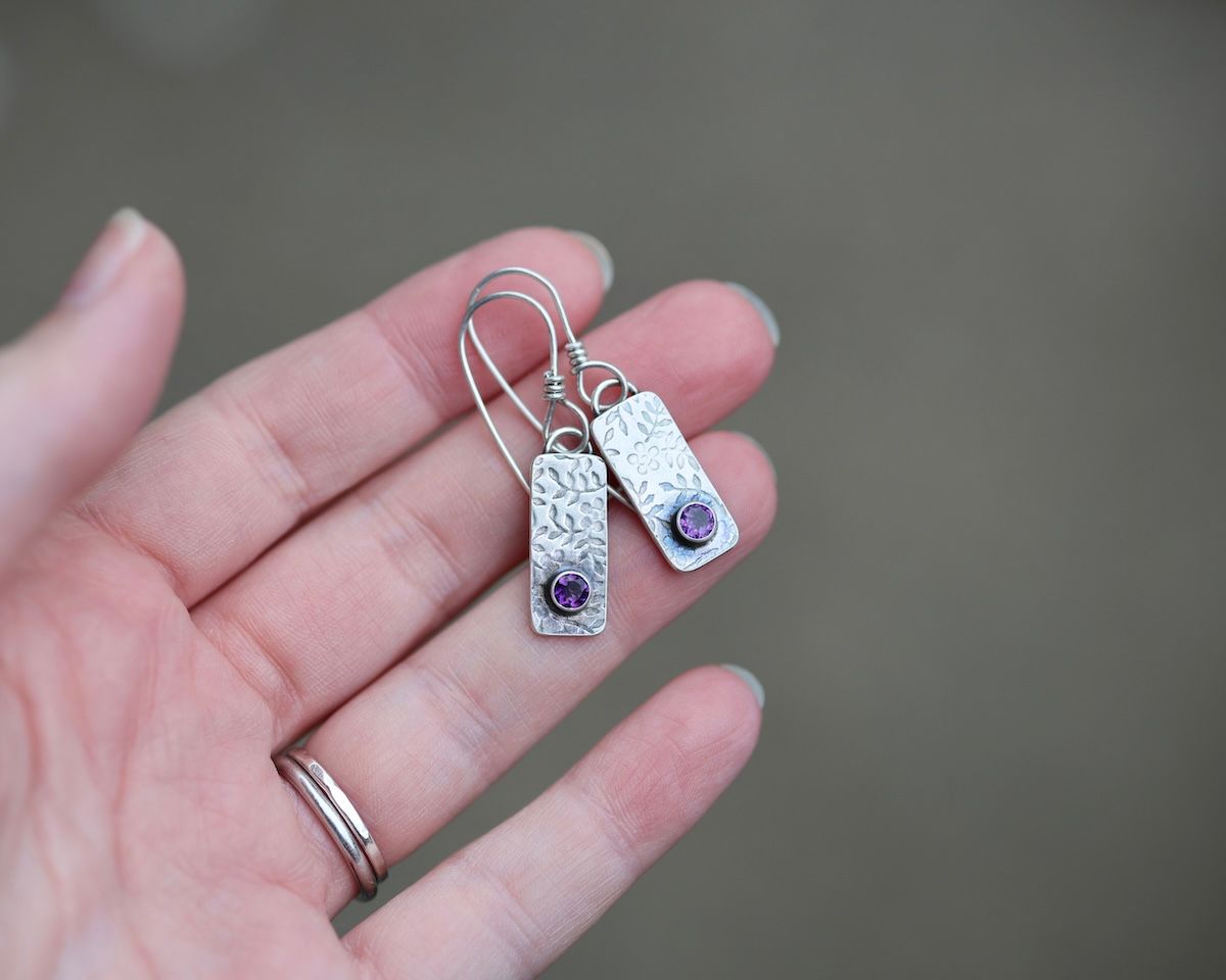 African Amethyst & Sterling Silver Patterned Drop Earrings