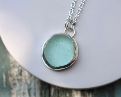 Large Pale Seafoam Sea Glass & Sterling Silver Pendant