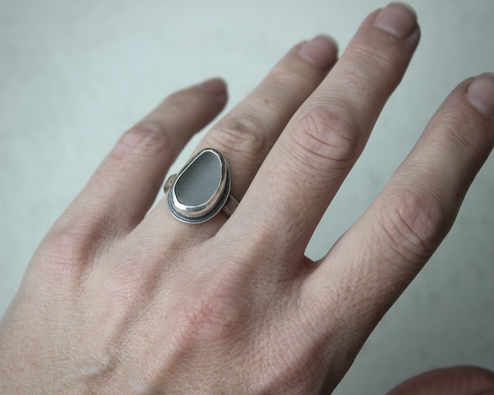 Light Steel Grey Sea Glass Ring, UK Size L