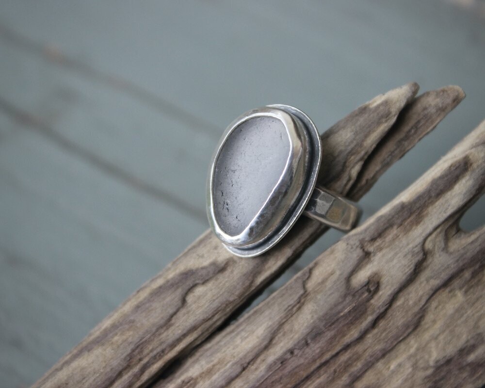 Light Steel Grey Sea Glass Ring, UK Size L