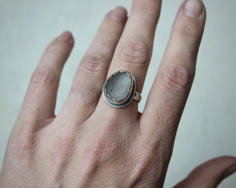 Medium Grey Sea Glass Ring, UK Size P