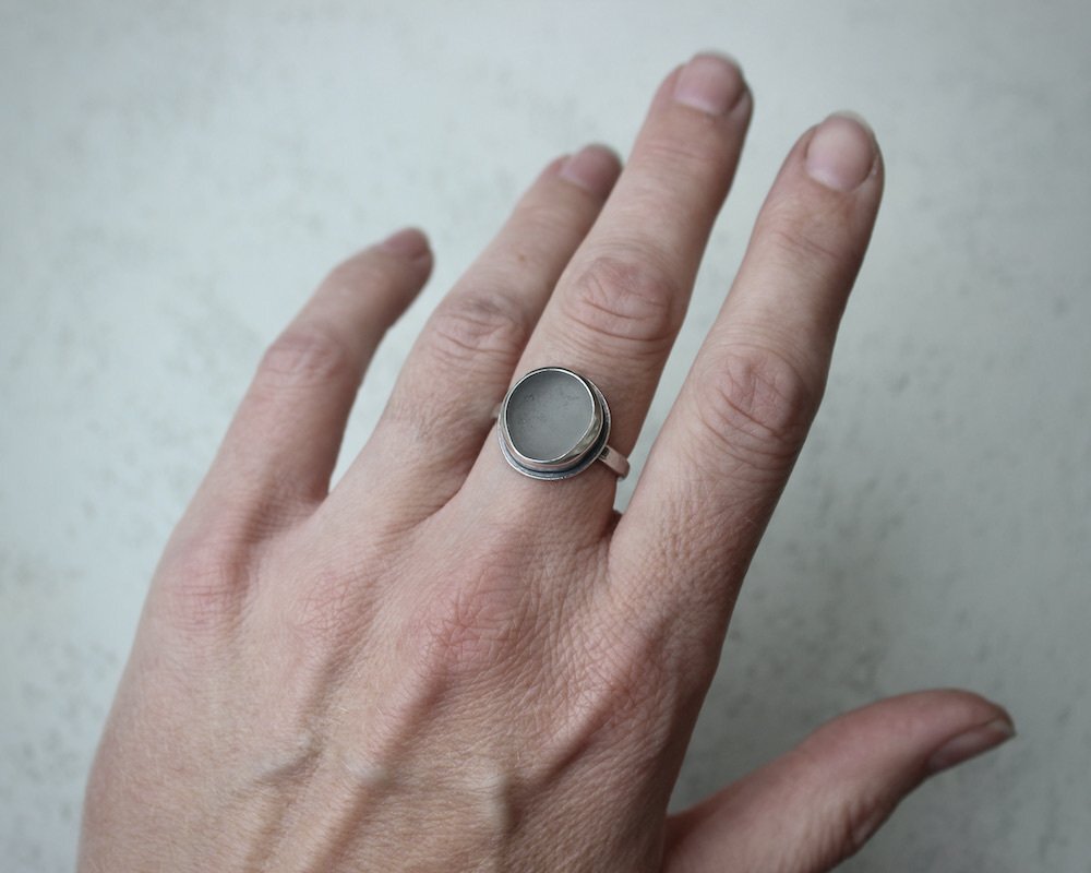 Steel Grey Sea Glass Ring, UK Size N/O