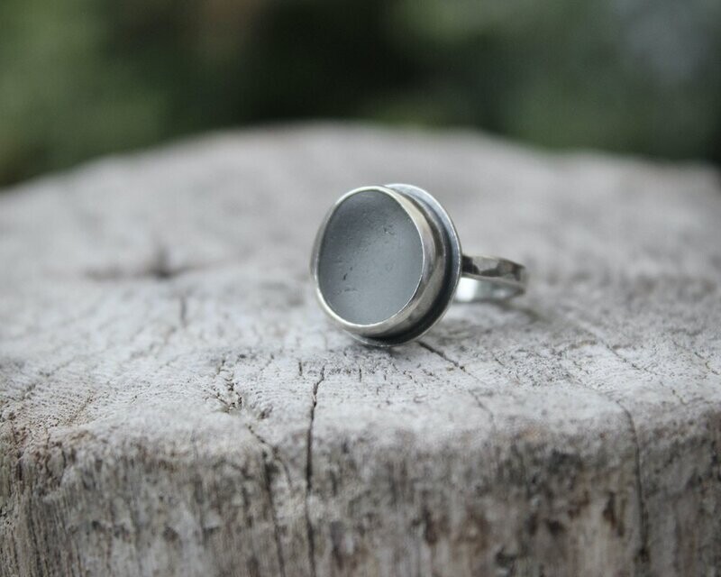 Steel Grey Sea Glass Ring, UK Size N/O