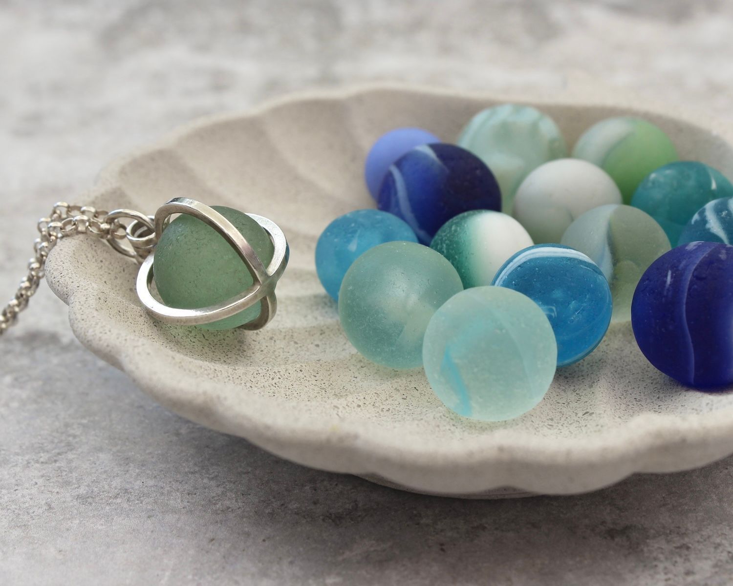 'Pick Your Own' Sterling Silver Caged Sea Glass Marble Pendant Necklace