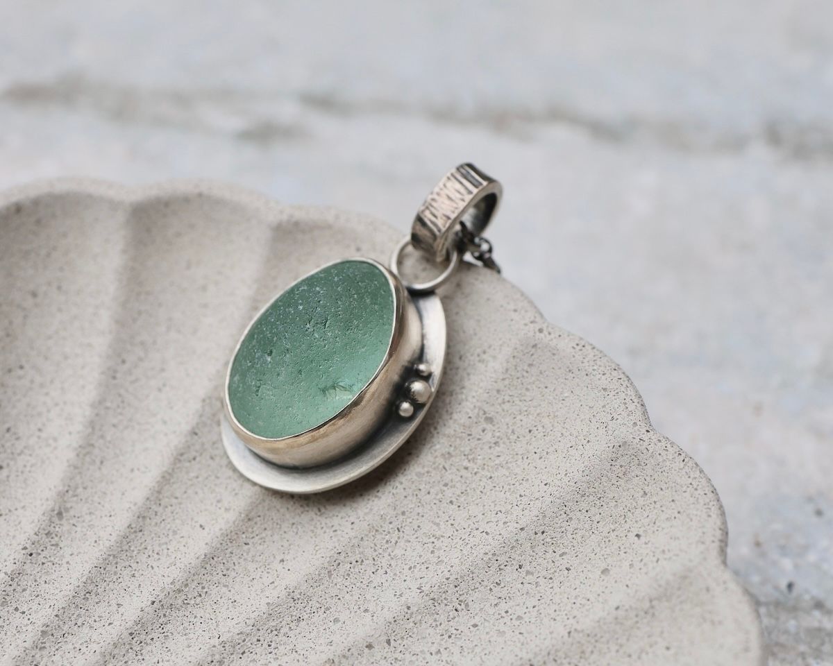 Aqua Sea Glass & Sterling Silver Pendant