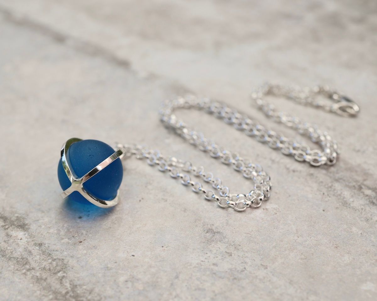 Sterling Silver 'Caged' Sea Glass Marble Pendant Necklace, Deep Electric Blue