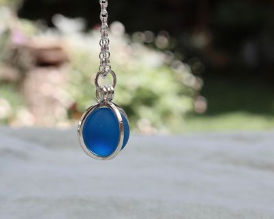 Sterling Silver 'Caged' Sea Glass Marble Pendant Necklace, Deep Electric Blue