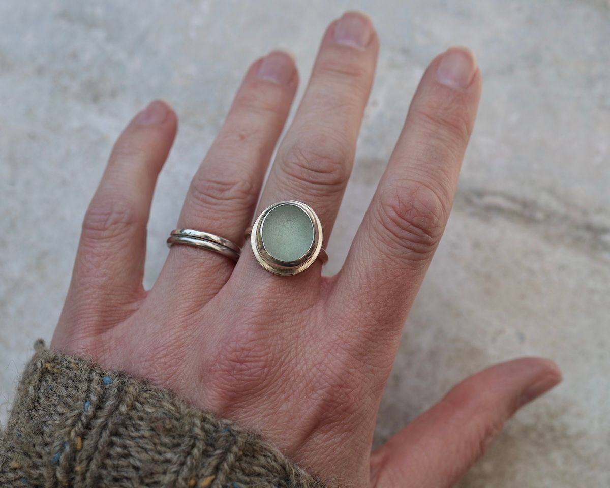 Pale Seafoam Sea Glass Ring, UK Size P
