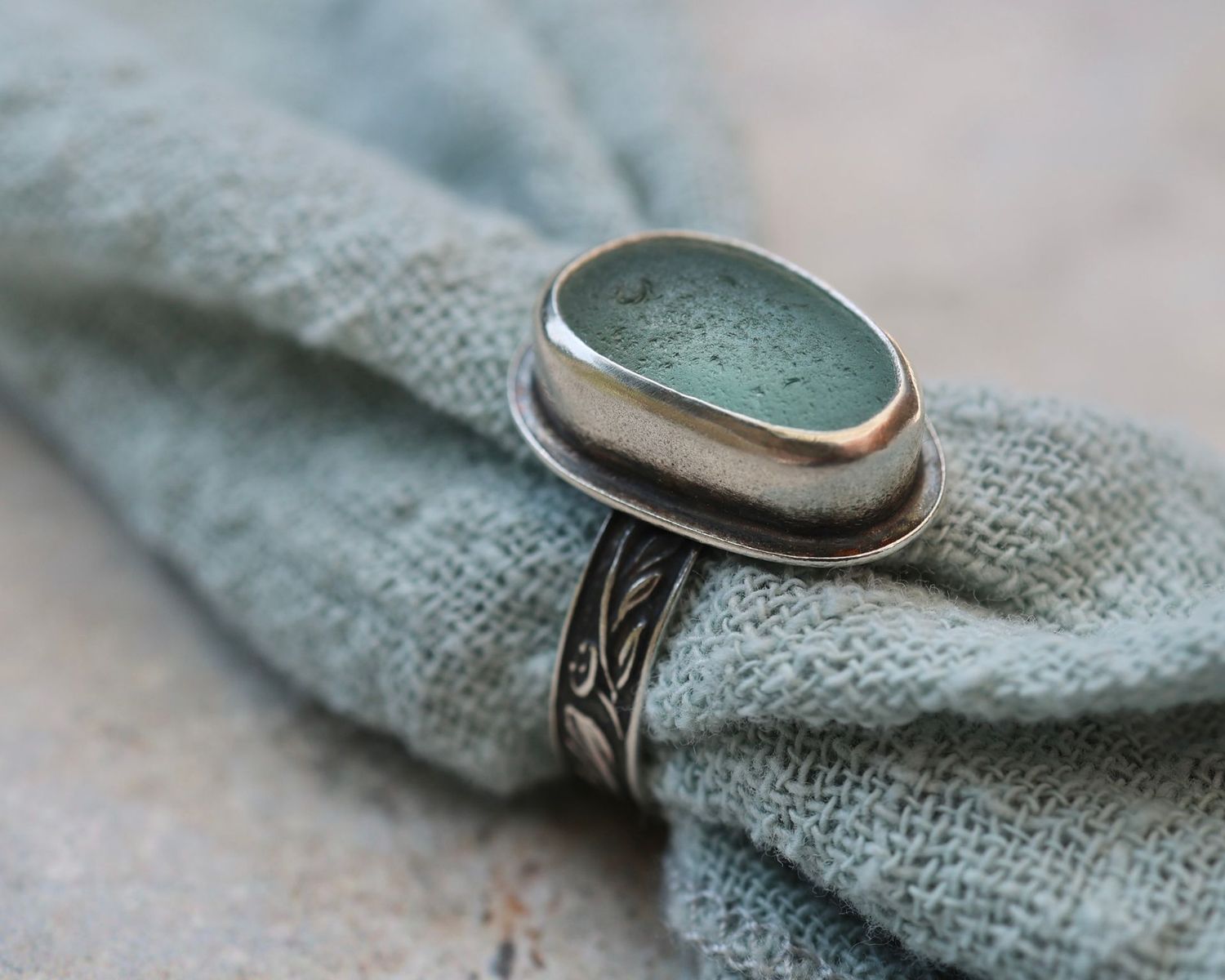 Aqua Sea Glass Ring, UK Size O