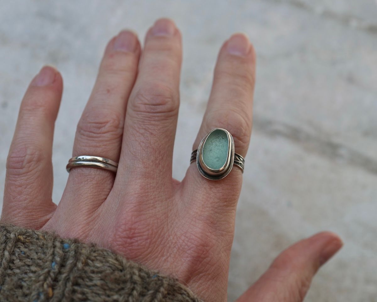 Aqua Sea Glass Ring, UK Size O