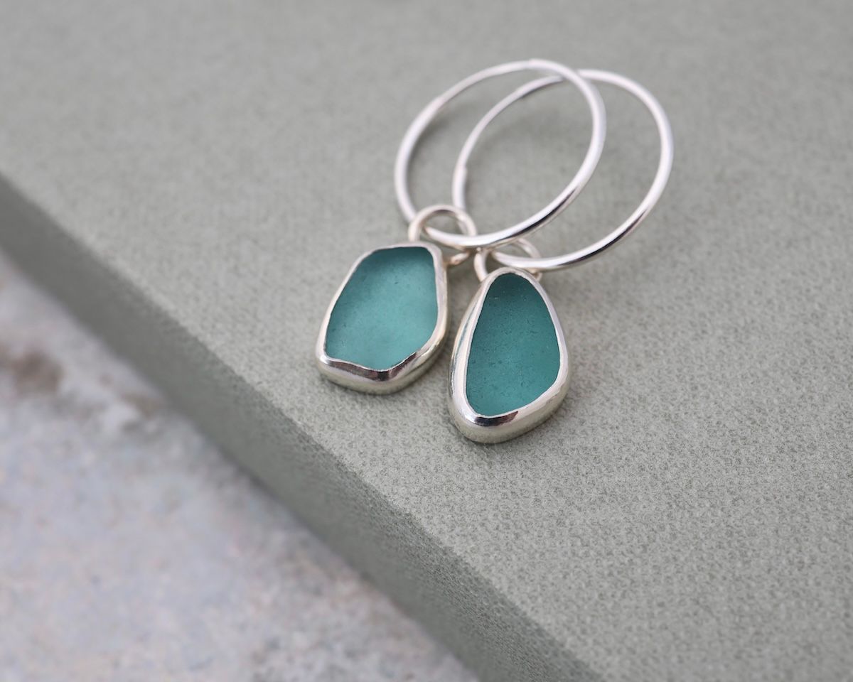 Teal Blue Sea Glass & Sterling Silver Hoop Earrings