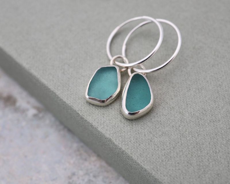 Teal Blue Sea Glass & Sterling Silver Hoop Earrings Teal Blue Sea Glass & Sterling Silver Hoop Earrings