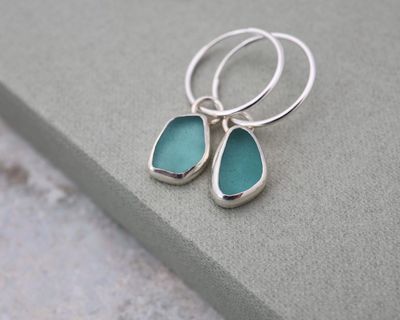 Teal Blue Sea Glass & Sterling Silver Hoop Earrings Teal Blue Sea Glass & Sterling Silver Hoop Earrings