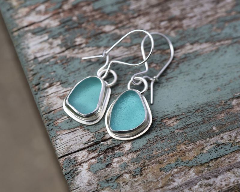 Teal Blue Sea Glass & Sterling Silver Hook Earrings Teal Blue Sea Glass & Sterling Silver Hook Earrings