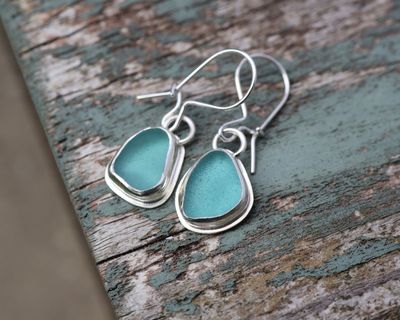 Teal Blue Sea Glass & Sterling Silver Hook Earrings Teal Blue Sea Glass & Sterling Silver Hook Earrings