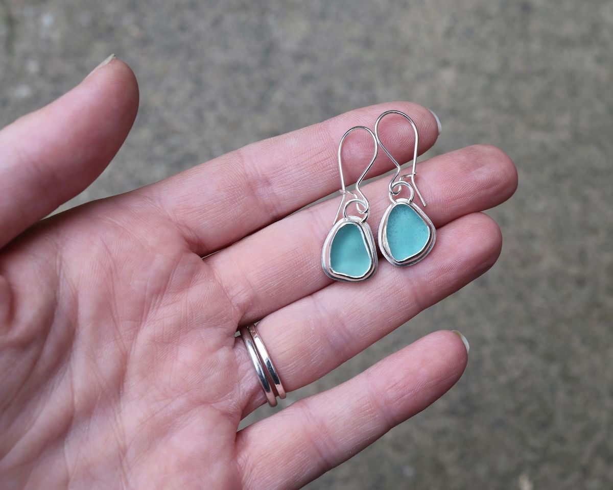 Teal Blue Sea Glass & Sterling Silver Hook Earrings
