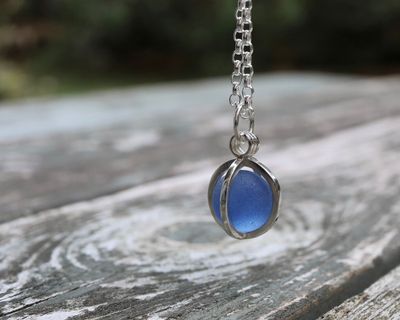 Sterling Silver 'Caged' Sea Glass Marble Pendant Necklace, Cornflower Blue Sterling Silver 'Caged' Sea Glass Marble Pendant Necklace, Cornflower Blue