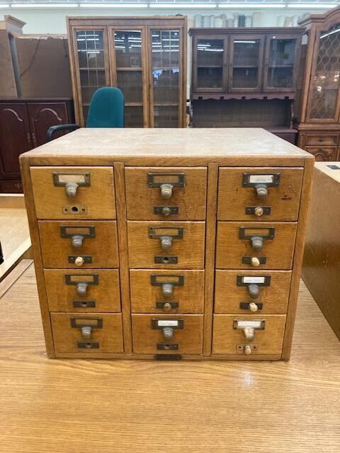 Vintage wooden 12 drawer library card catalog