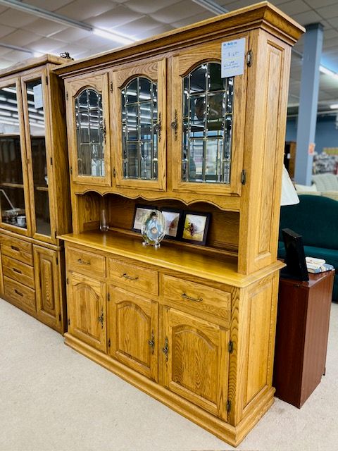 Oak Beveled Glass Mirrored China Cabinet